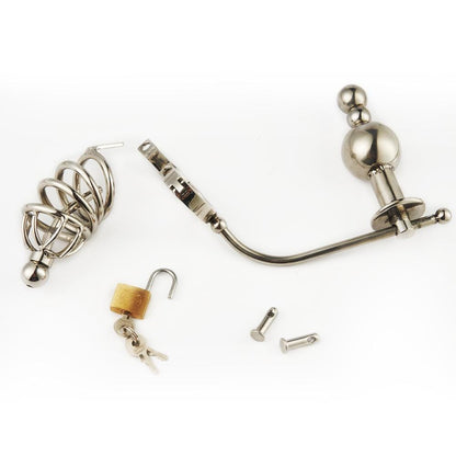 Stainless Steel Chastity Cock Cage With Urethral Insert & Anal Plug