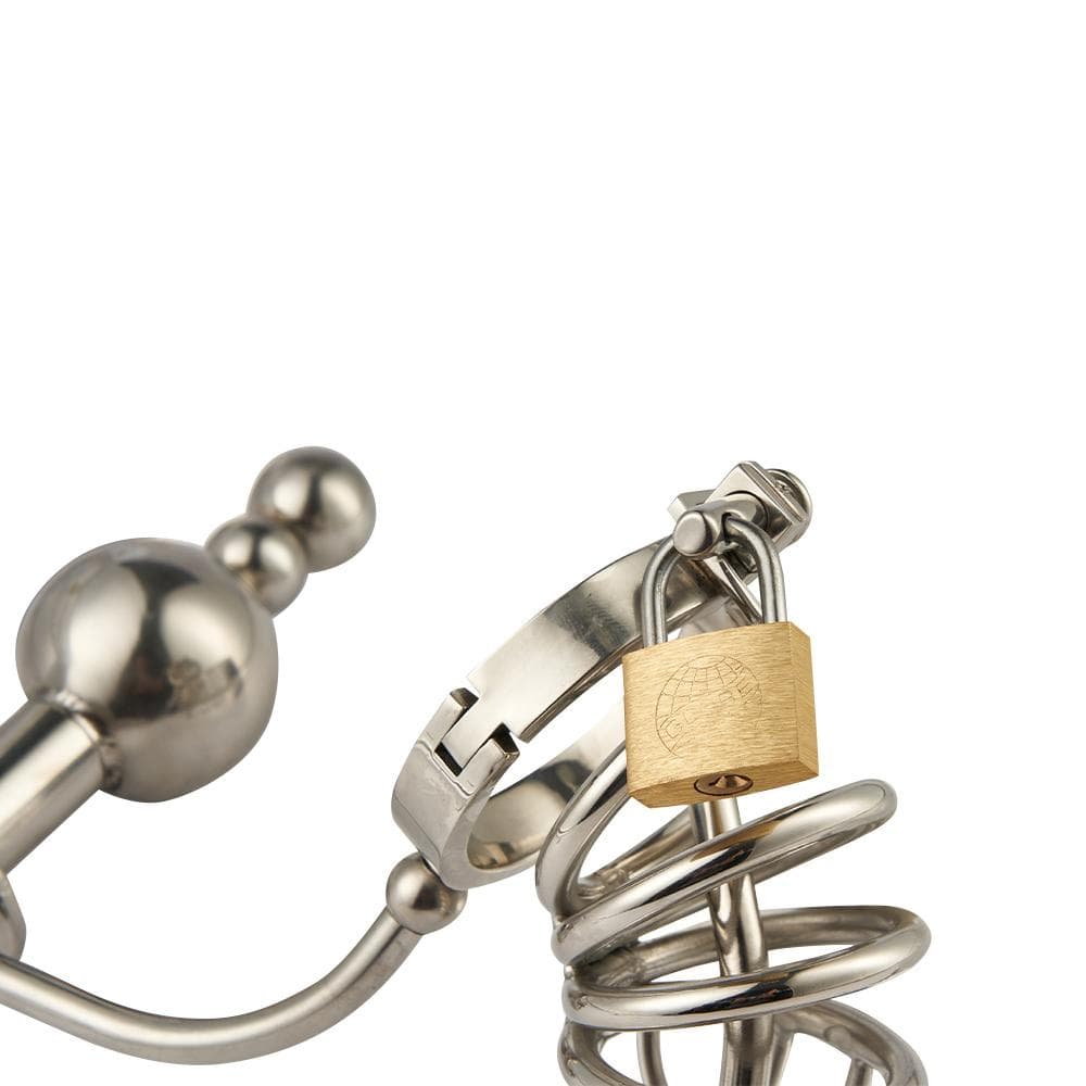 Stainless Steel Chastity Cock Cage With Urethral Insert & Anal Plug