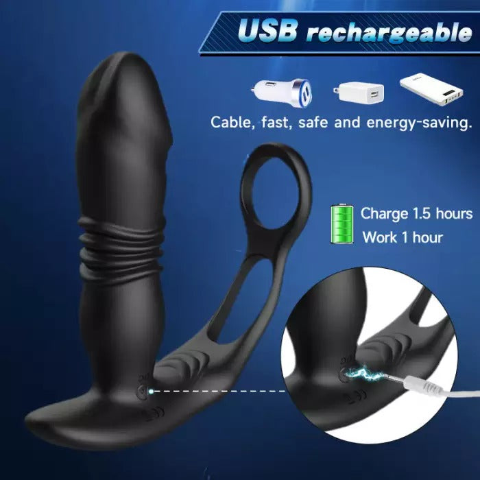 12 Vibrating 3 Thrusting Dual Cock Rings Prostate Massager